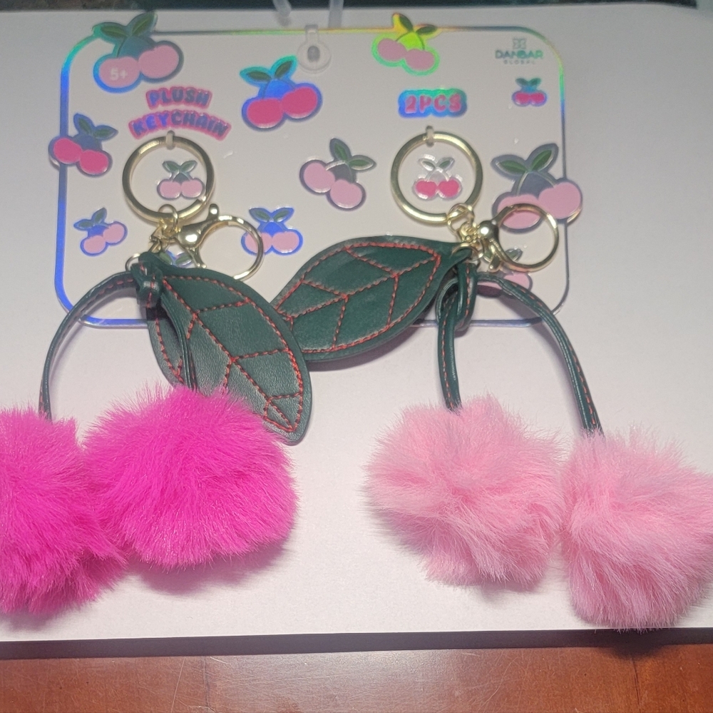 Pink Cherry Pom Pom Keychains